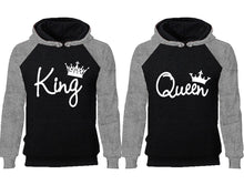 將圖片載入圖庫檢視器 King Queen couple hoodies, raglan hoodie. Grey Black hoodie mens, Grey Black red hoodie womens. 
