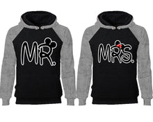 Cargar imagen en el visor de la galería, Mr Mrs couple hoodies, raglan hoodie. Grey Black hoodie mens, Grey Black red hoodie womens. 
