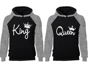 King Queen couple hoodies, raglan hoodie. Grey Black hoodie mens, Grey Black red hoodie womens. 
