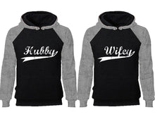 將圖片載入圖庫檢視器 Hubby Wifey couple hoodies, raglan hoodie. Grey Black hoodie mens, Grey Black red hoodie womens. 
