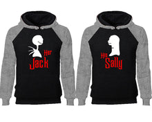 Cargar imagen en el visor de la galería, Her Jack His Sally couple hoodies, raglan hoodie. Grey Black hoodie mens, Grey Black red hoodie womens. 

