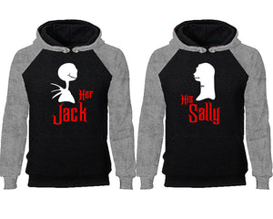 Her Jack His Sally couple hoodies, raglan hoodie. Grey Black hoodie mens, Grey Black red hoodie womens. 