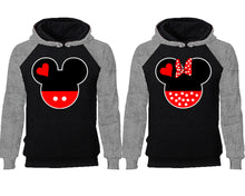 Cargar imagen en el visor de la galería, Mickey Minnie couple hoodies, raglan hoodie. Grey Black hoodie mens, Grey Black red hoodie womens. 
