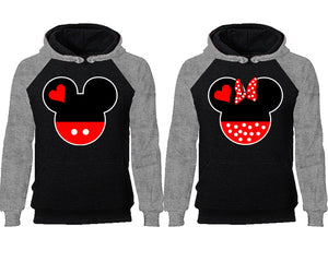 Mickey Minnie couple hoodies, raglan hoodie. Grey Black hoodie mens, Grey Black red hoodie womens. 