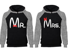將圖片載入圖庫檢視器 Mr Mrs couple hoodies, raglan hoodie. Grey Black hoodie mens, Grey Black red hoodie womens. 

