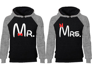 Mr Mrs couple hoodies, raglan hoodie. Grey Black hoodie mens, Grey Black red hoodie womens. 