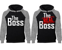 將圖片載入圖庫檢視器 The Boss The Real Boss couple hoodies, raglan hoodie. Grey Black hoodie mens, Grey Black red hoodie womens. 
