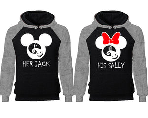 Her Jack and His Sally couple hoodies, raglan hoodie. Grey Black hoodie mens, Grey Black red hoodie womens. 