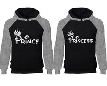 Cargar imagen en el visor de la galería, Prince Princess couple hoodies, raglan hoodie. Grey Black hoodie mens, Grey Black red hoodie womens. 
