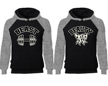 Load image into Gallery viewer, Beast Beauty couple hoodies, raglan hoodie. Grey Black hoodie mens, Grey Black red hoodie womens. 
