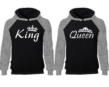 Load image into Gallery viewer, King Queen couple hoodies, raglan hoodie. Grey Black hoodie mens, Grey Black red hoodie womens. 

