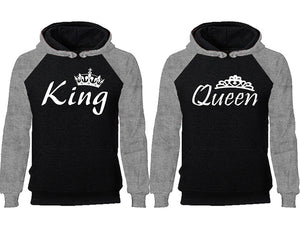 King Queen couple hoodies, raglan hoodie. Grey Black hoodie mens, Grey Black red hoodie womens. 