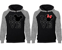 Load image into Gallery viewer, LOVE couple hoodies, raglan hoodie. Grey Black hoodie mens, Grey Black red hoodie womens. 
