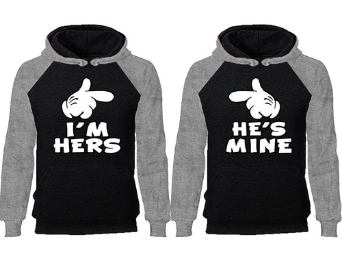 I'm Hers He's Mine couple hoodies, raglan hoodie. Grey Black hoodie mens, Grey Black red hoodie womens. 