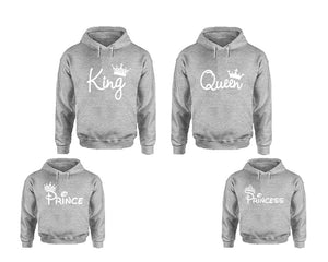 King Queen, Prince and Princess. Matching family outfits. Sports Grey adults, kids pullover hoodie.