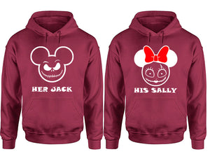 Her Jack and His Sally hoodie, Matching couple hoodies, Maroon pullover hoodies. Couple jogger pants and hoodies set.