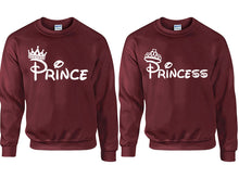 Load image into Gallery viewer, Prince Princess couple sweatshirts. Maroon sweaters for men, sweaters for women. Sweat shirt. Matching sweatshirts for couples
