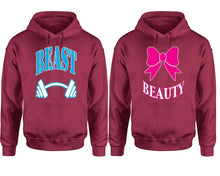 將圖片載入圖庫檢視器 Beast Beauty hoodie, Matching couple hoodies, Maroon pullover hoodies. Couple jogger pants and hoodies set.
