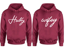 Load image into Gallery viewer, Hubby Wifey hoodie, Matching couple hoodies, Maroon pullover hoodies. Couple jogger pants and hoodies set.
