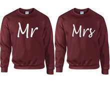 Cargar imagen en el visor de la galería, Mr and Mrs couple sweatshirts. Maroon sweaters for men, sweaters for women. Sweat shirt. Matching sweatshirts for couples
