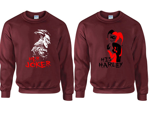 Her Joker His Harley couple sweatshirts. Maroon sweaters for men, sweaters for women. Sweat shirt. Matching sweatshirts for couples