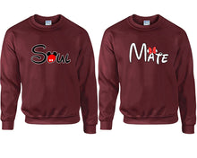 Load image into Gallery viewer, Soul and Mate couple sweatshirts. Maroon sweaters for men, sweaters for women. Sweat shirt. Matching sweatshirts for couples
