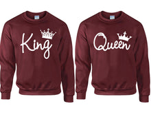 Cargar imagen en el visor de la galería, King Queen couple sweatshirts. Maroon sweaters for men, sweaters for women. Sweat shirt. Matching sweatshirts for couples
