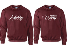 Load image into Gallery viewer, Hubby and Wifey couple sweatshirts. Maroon sweaters for men, sweaters for women. Sweat shirt. Matching sweatshirts for couples
