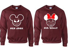 Load image into Gallery viewer, Her Jack and His Sally couple sweatshirts. Maroon sweaters for men, sweaters for women. Sweat shirt. Matching sweatshirts for couples
