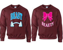 將圖片載入圖庫檢視器 Beast Beauty couple sweatshirts. Maroon sweaters for men, sweaters for women. Sweat shirt. Matching sweatshirts for couples
