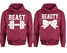 將圖片載入圖庫檢視器 Beast Beauty hoodie, Matching couple hoodies, Maroon pullover hoodies. Couple jogger pants and hoodies set.
