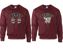 Load image into Gallery viewer, Beast and Beauty couple sweatshirts. Maroon sweaters for men, sweaters for women. Sweat shirt. Matching sweatshirts for couples
