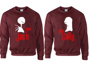 Her Jack His Sally couple sweatshirts. Maroon sweaters for men, sweaters for women. Sweat shirt. Matching sweatshirts for couples