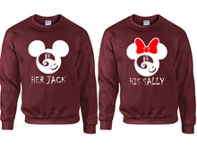 Load image into Gallery viewer, Her Jack and His Sally couple sweatshirts. Maroon sweaters for men, sweaters for women. Sweat shirt. Matching sweatshirts for couples
