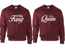 Cargar imagen en el visor de la galería, King and Queen couple sweatshirts. Maroon sweaters for men, sweaters for women. Sweat shirt. Matching sweatshirts for couples
