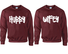 Cargar imagen en el visor de la galería, Hubby and Wifey couple sweatshirts. Maroon sweaters for men, sweaters for women. Sweat shirt. Matching sweatshirts for couples
