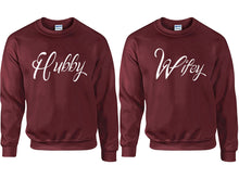 Charger l&#39;image dans la galerie, Hubby and Wifey couple sweatshirts. Maroon sweaters for men, sweaters for women. Sweat shirt. Matching sweatshirts for couples
