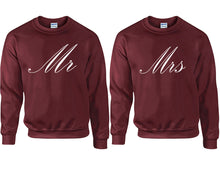 Load image into Gallery viewer, Mr and Mrs couple sweatshirts. Maroon sweaters for men, sweaters for women. Sweat shirt. Matching sweatshirts for couples
