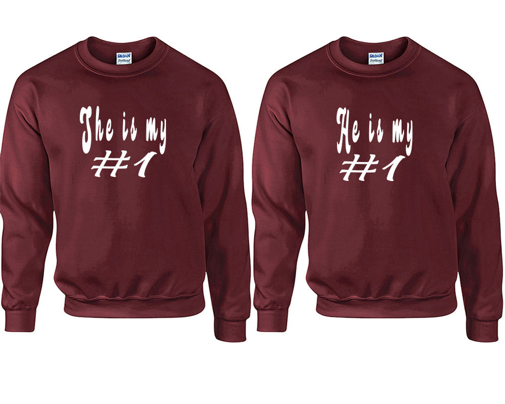 She's My Number 1 and He's My Number 1 couple sweatshirts. Maroon sweaters for men, sweaters for women. Sweat shirt. Matching sweatshirts for couples