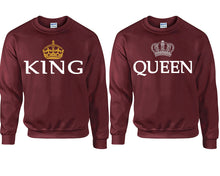Load image into Gallery viewer, King Queen couple sweatshirts. Maroon sweaters for men, sweaters for women. Sweat shirt. Matching sweatshirts for couples
