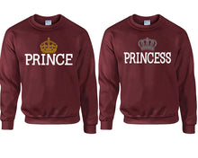 Load image into Gallery viewer, Prince Princess couple sweatshirts. Maroon sweaters for men, sweaters for women. Sweat shirt. Matching sweatshirts for couples
