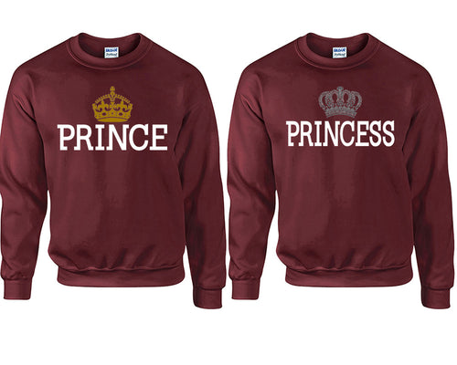 Prince Princess couple sweatshirts. Maroon sweaters for men, sweaters for women. Sweat shirt. Matching sweatshirts for couples