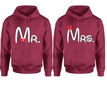 Cargar imagen en el visor de la galería, Mr Mrs hoodie, Matching couple hoodies, Maroon pullover hoodies. Couple jogger pants and hoodies set.
