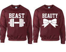 Load image into Gallery viewer, Beast Beauty couple sweatshirts. Maroon sweaters for men, sweaters for women. Sweat shirt. Matching sweatshirts for couples
