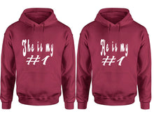 Load image into Gallery viewer, She&#39;s My Number 1 and He&#39;s My Number 1 hoodies, Matching couple hoodies, Maroon pullover hoodies
