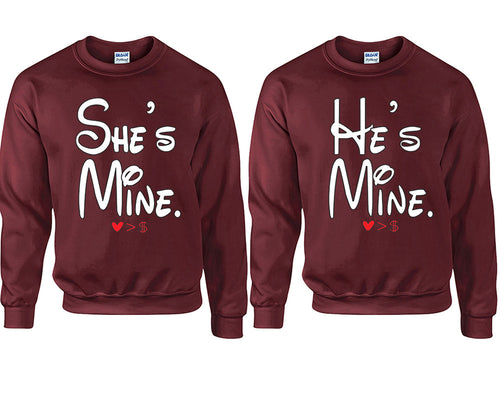 She's Mine He's Mine couple sweatshirts. Maroon sweaters for men, sweaters for women. Sweat shirt. Matching sweatshirts for couples