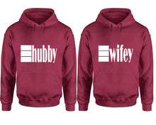 Load image into Gallery viewer, Hubby and Wifey hoodies, Matching couple hoodies, Maroon pullover hoodies
