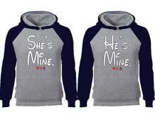 將圖片載入圖庫檢視器 She&#39;s Mine He&#39;s Mine couple hoodies, raglan hoodie. Navy Blue Grey hoodie mens, Navy Blue Grey red hoodie womens. 
