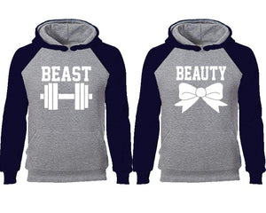 Beast Beauty couple hoodies, raglan hoodie. Navy Blue Grey hoodie mens, Navy Blue Grey red hoodie womens. 