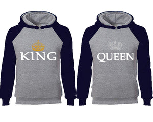 King Queen couple hoodies, raglan hoodie. Navy Blue Grey hoodie mens, Navy Blue Grey red hoodie womens. 